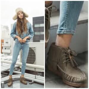 UGG W Caleb Mouse Fringe Nubuck Slip on Leather Booties Moccasins‎ Size 11